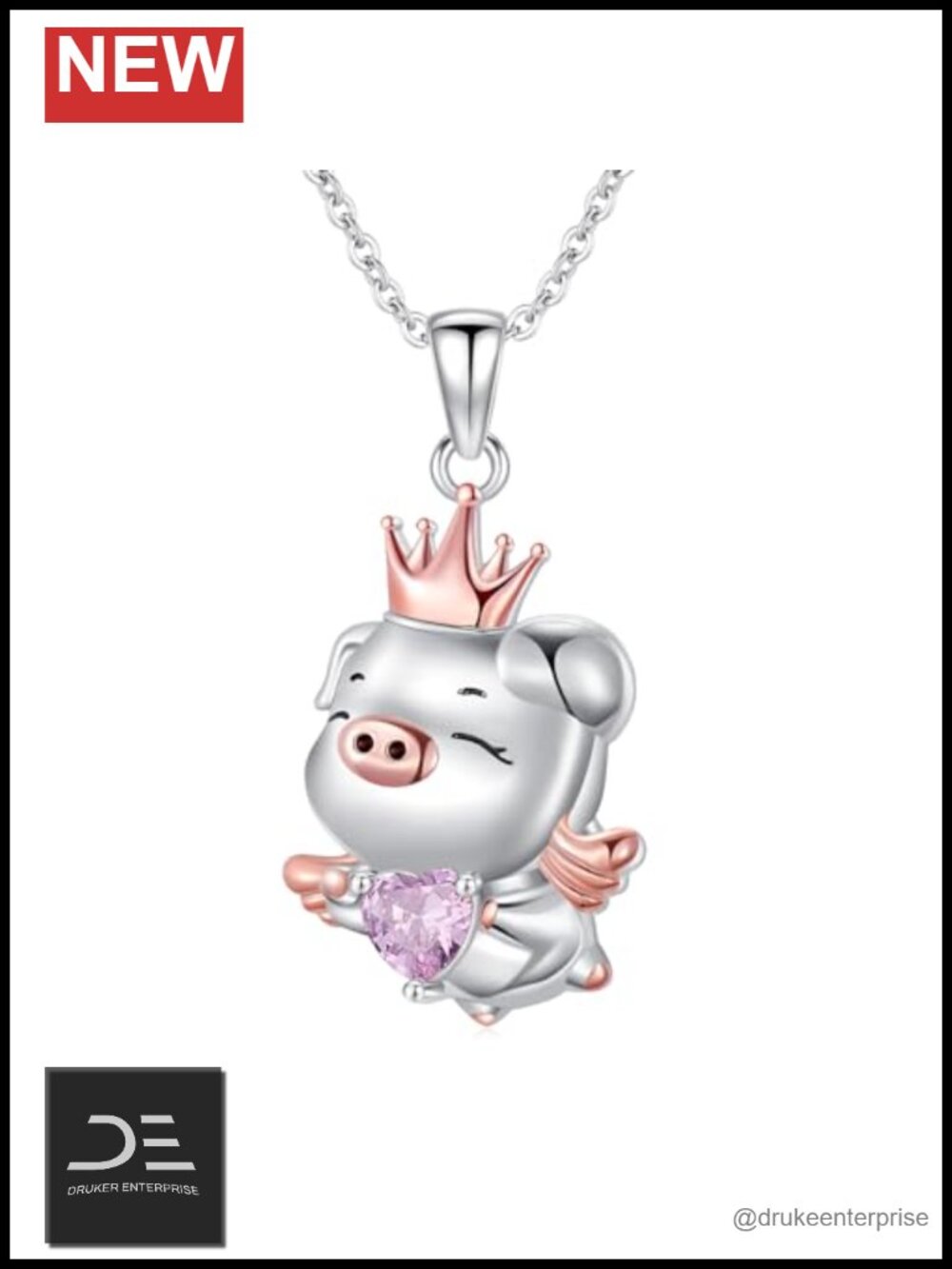 925 Sterling Silver Pig Necklace Pink Crystal Pendant Animal Jewelry Gift